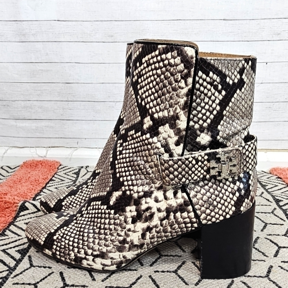 TORY BURCH "KIRA" SNAKESKIN PRINT LEATHER BOOTIES, SZ 10
